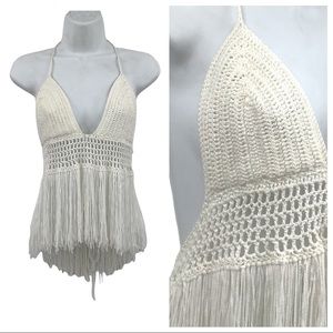 CLOSET CLOSING Cream Crochet Boho Fringe Top M/L
